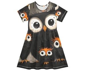 Vestido de manga corta para niñas, vestido de verano acampanado con estampado de búho, madre y búho, talla 2T, Búho madre y búho pequeño, 4 años