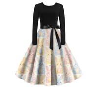 Vestido De Manga Larga con Cinturón Y Falda Acampanada Conejos Huevos Pascua para Mujer Casual Elegante 2XL