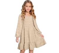 Vestido de Manga Larga con Cuello Cuadrado y Volantes para niñas, Elegante y cómodo para Fiestas Informales, Cintura Fruncida Que realza la Silueta, Ideal para Uso Diario y Ocasiones Especiales,