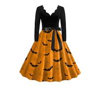 Vestido de manga larga con cuello en V para mujer, naranja, S