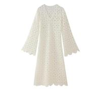 Vestido de Manga Larga con Cuello en V y Encaje Bordado de Manga Larga para Mujer de Primavera y Verano - Blanco Roto - S