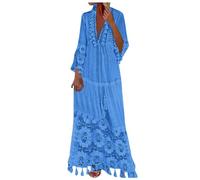 Vestido De Manga Larga con Flecos Y Retales Encaje Liso La Moda for Mujer, Fiesta En Playa(Blue,L)