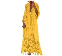 Vestido De Manga Larga con Flecos Y Retales Encaje Liso La Moda for Mujer, Fiesta En Playa(Yellow,XXL)