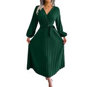 Vestido de Manga Larga de Gasa Plegable de Manga Larga para Mujer con Mangas largas Vestidos de Abrigo con Cuello en V Modestos para Negocios de Vacaciones en la Iglesia (Verde,S)