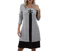 Vestido de manga larga de punto acanalado para mujer con doble hebilla, 2 piezas de manga larga hasta la rodilla, vestidos sueltos en capas, gris, 3XL