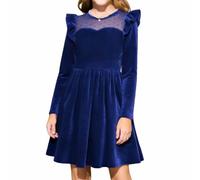 Vestido de manga larga de terciopelo dorado para niñas, cuello redondo, bolsillos, plisado, línea A, malla de lunares, elástico, casual, fiesta, 4-13 años