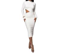 Vestido de Manga Larga for Mujer Club Ahuecado Casual sólido Cuello Redondo Delgado Bodycon Elegante Maxi Vestidos (Color : White, Size : Small)