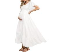 Vestido de Maternidad con Lunares suizos para Baby Shower, sesión de Fotos, Casual, Cuello en V, Manga con Volantes, Cintura Imperio, Vestido Bohemio Escalonado, b Blanco, Small