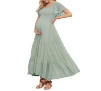 Vestido de Maternidad con Lunares suizos para Baby Shower, sesión de Fotos, Casual, Cuello en V, Manga con Volantes, Cintura Imperio, Vestido Bohemio Escalonado, Verde Claro, M