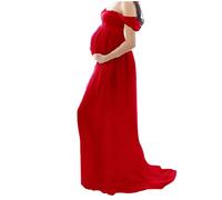 Vestido de maternidad dama gasa fuera del hombro fotografía maxi vestido embarazadas de cola rojo XL