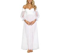 Vestido de Maternidad Elegante con inserción de Malla y Cuentas, diseño Formal de Manga Larga y Escote Bardot para sesiones de fotografía y Eventos Especiales, Disponible en Tallas L-XXL (White, M)