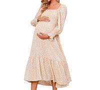 Vestido de maternidad floral midi de manga larga con cuello cuadrado para embarazo, vestido de cintura fruncida, apto para primavera, otoño, traje de maternidad, ligero, transpirable, uso casual, a, M