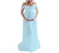 Vestido de Maternidad Fotografía Mujer Embarazada Vestido Gasa Fuera del Hombro Maxi Vestido de Embarazo Abertura Frente Apoyos de Fotos (Azul, L)