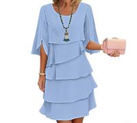 Vestido de media manga para mujer, con vuelo, cuello redondo, falda de pastel para fiesta, boda, vacaciones, uso diario, color sólido, estilo corto (L azul)