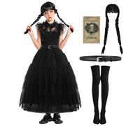 Vestido de miércoles para niños, negro, gótico, disfraz para niña, miércoles, familia, cosplay, vestidos con pegatinas, peluca, calcetines, gorro de peluca, carnaval, disfraz, disfraz para carnaval