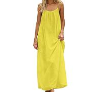 Vestido de mujer casual sin espalda con cuello redondo, talla L, color liso, vestido largo con espalda descubierta, vestido de manga 3/4 para mujer, amarillo, XL