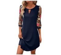 Vestido de mujer casual sólido encaje empalme mangas huecas cuello redondo vestido suelto tropical mujer, azul, M