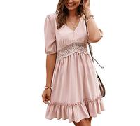 Vestido de Mujer con Cuello en V Causal de Encaje con Flecos Ahuecado hacia Fuera Elegante Media Manga Midi Ruffles Invitado de Boda Cóctel Vestidos de Verano para Mujeres Reino Unido(S-Rosa)