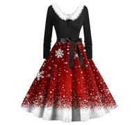 Vestido de mujer con cuello en V, elegante, informal, swing, invierno, moda, novedad, Navidad, día festivo, uso diario, rojo, L