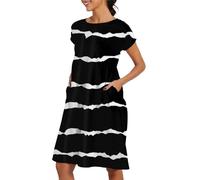 Vestido de mujer con cuello redondo, casual, cómodo, de algodón, manga corta, vestido de playa con bolsillos, Negro, M
