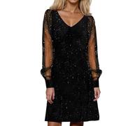Vestido de mujer con diseño de cielo estrellado, cuello en V, manga de malla, estampado brillante, vestido de fiesta informal, Negro , XXL