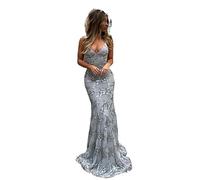 Vestido de Mujer con Estampado Bordado, Cola de pez, Escote en V con Tirantes, Vestido con Cordones y Lentejuelas sin Espalda (Color : Grey, Size : M)