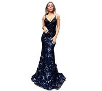 Vestido de Mujer con Estampado Bordado, Cola de pez, Escote en V con Tirantes, Vestido con Cordones y Lentejuelas sin Espalda (Color : Blue, Size : M)