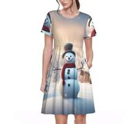 Vestido de mujer con estampado de muñeco de nieve de Feliz Navidad, casual, manga corta, bolsillos laterales, uso diario, Negro -, XL