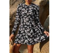 Vestido de mujer con estampado floral, manga larga, cuello redondo, mini | Ambiente romántico, silueta acampanada, patrón de flores, longitud corta, uso diario, suave y elegante, atuendo versátil