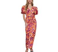 Vestido De Mujer con Mangas Pompon Escote V Y Estampado Floral Ruchado Robe Midi Talle Ruchado Ajustado Bodycon(Rosso,X-Large)