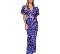 Vestido De Mujer con Mangas Pompon Escote V Y Estampado Floral Ruchado Robe Midi Talle Ruchado Ajustado Bodycon(Blue,2X-Large)