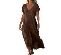 Vestido de mujer de algodón y lino cómodo casual elegante vestidos de sol largos de algodón ropa de lino manga corta vintage vestido boho cubre traje suave elástico vestido playa, marrón, S