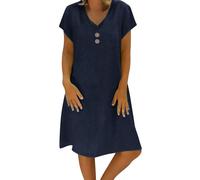 Vestido de mujer de algodón y lino elegante casual vestido de verano ropa de lino largo cuello en V cómodo vestidos de sol elástico vacaciones vestido de playa de manga corta vestido Boho, Marina
