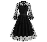 Vestido de mujer de invierno, elegante, vintage, rockabilly, malla, manga larga, línea A, swing hasta la rodilla, vestido de coctail, disfraz de bruja, disfraz de bruja, disfraz de vampiro sexy, gris