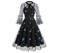 Vestido de mujer de invierno, elegante, vintage, rockabilly, malla, manga larga, línea A, swing hasta la rodilla, vestido de coctail, disfraz de bruja, disfraz de bruja, disfraz de vampiro sexy, azul
