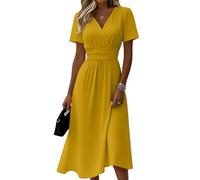 Vestido de mujer de manga corta largo, vestido de verano, elegante, con cuello en V, vestido de fiesta, ligero, informal, vestido de playa, de un solo color, 01-amarillo, XXL