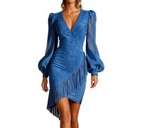 Vestido de mujer de noche con cuello en V profundo de ante, vestido corto asimétrico con flecos, manga larga abullonada de velo, corte cerca del cuerpo, estilo de cóctel elegante, atuendo de boda