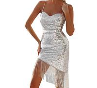 Vestido de mujer de plata Slip, cintura delgada, mini lentejuelas, sexy, swing sólido, vestido de fiesta, vestido de fiesta negro, plata, XL