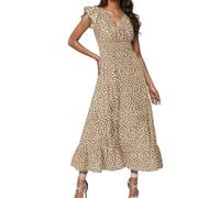 Vestido de mujer de talla grande, elegante, cuello en V, manga larga, vestido cruzado, vestido maxi de fiesta, vestido de fiesta, vestido de playa, vestido de invitado de boda, beige, M