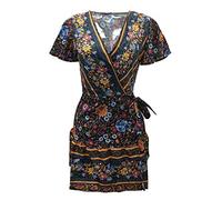 Vestido de mujer de verano 2026 para mujer, cuello en V, bohemio, estampado bohemio, falda corta, muselina, vestidos casuales largos de moda, azul oscuro, L