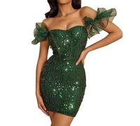 Vestido de mujer elegante con hombros descubiertos, vestido ajustado con flecos hinchados, vestido de fiesta corto, sexy, ajustado, minivestido de invierno, cómodo vestido de cóctel, verde, L