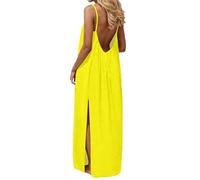 Vestido de mujer elegante y elegante vestidos sin mangas de lino vestido largo de sol con tirantes vestidos de verano casual bohemio maxi vestido para vacaciones en la playa, amarillo, L