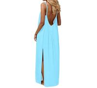 Vestido de mujer elegante y elegante vestidos sin mangas de lino vestido largo de sol con tirantes vestidos de verano casual bohemio maxi vestido para vacaciones en la playa, azul claro, XXXL