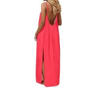 Vestido de mujer elegante y elegante vestidos sin mangas de lino vestido largo de sol con tirantes vestidos de verano casual bohemio maxi vestido para vacaciones en la playa, rojo, XXL