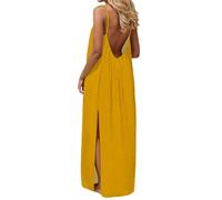 Vestido de mujer elegante y elegante vestidos sin mangas de lino vestido largo de sol con tirantes vestidos de verano casual bohemio maxi vestido para vacaciones en la playa, dorado, XL