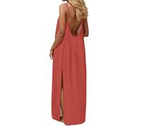 Vestido de mujer elegante y elegante vestidos sin mangas de lino vestido largo de sol con tirantes vestidos de verano casual bohemio maxi vestido para vacaciones en la playa, rojo, XL