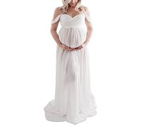Vestido de Mujer Embarazada Elegante Maxi Vestido de Maternidad de Longitud Completa Fuera del Hombro Vestido de Maternidad Frontal Dividido para Sesión de Fotos Fiesta de Boda (L)