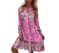 Vestido de mujer estilo étnico estampado borla de lazo corte holgado bohemio vestido de túnica corto amarillo, Rosa., XXL