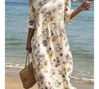 Vestido de mujer estilo vacaciones , con cuello y de , tela de poliéster, estampado floral 2D estilo bosque pastoral francés //azul.