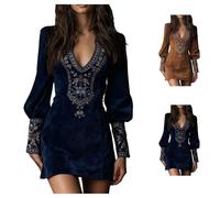 Vestido De Mujer Estilo Western, Ajustado, De Gamuza Sintética, Manga Larga, Escote En V, Bordado Y Fruncido. Navy Blue Small